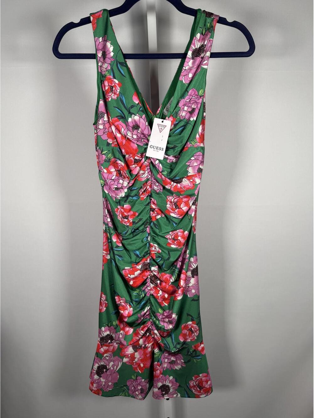 NWT GUESS Green Floral Ruched Sleeveless Mini Dress Size 6 - Picture 4 of 7